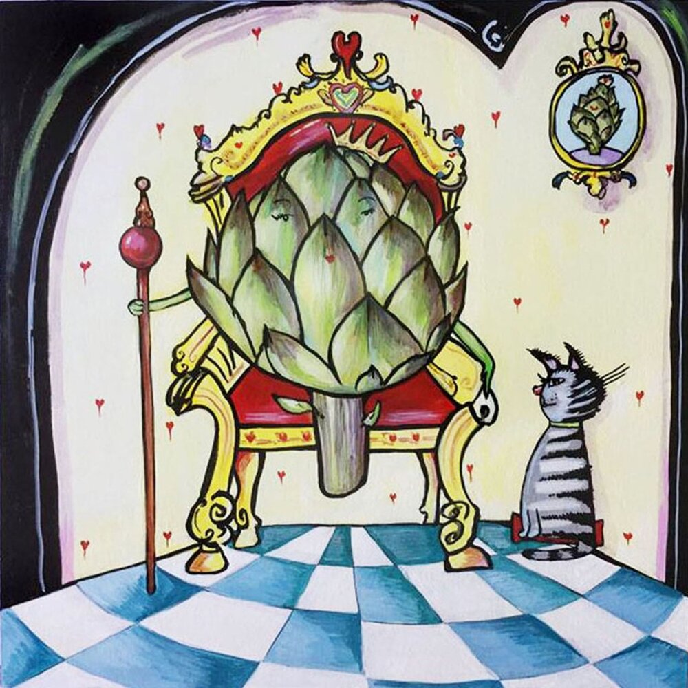 Artichoke Queen with cat ceramic tile trivet or wall art 8x8"